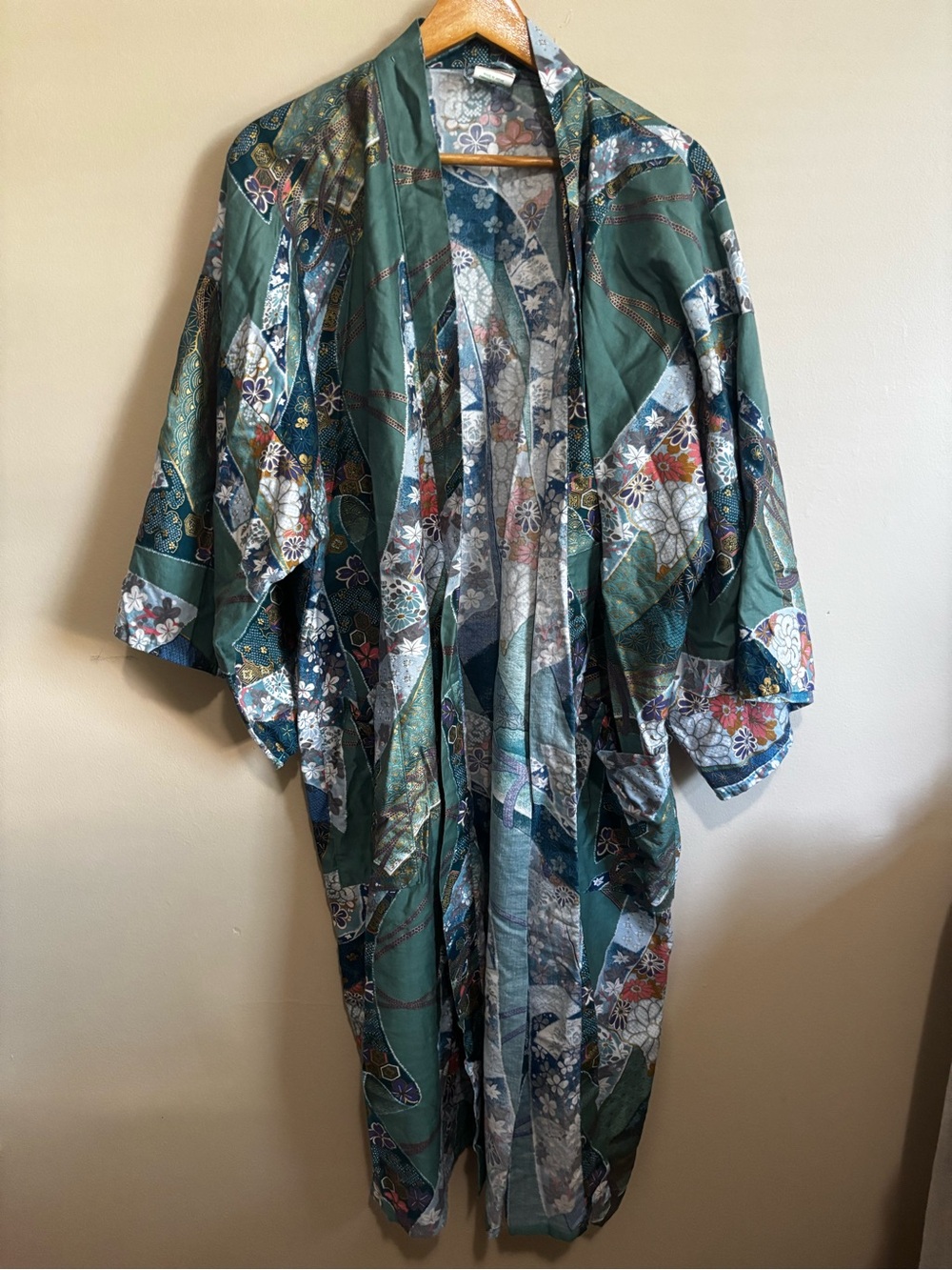 Vintage Japanese Kimono Robe XL Green Floral Cotton Belted Yukata - Picture 5 of 12